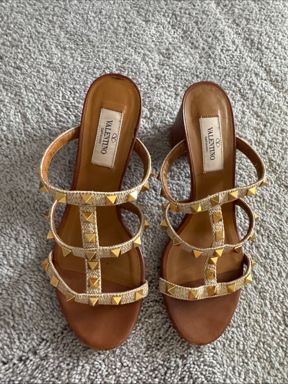Valentino Gold-Studded Beige/Tan Leather Strappy Heels
